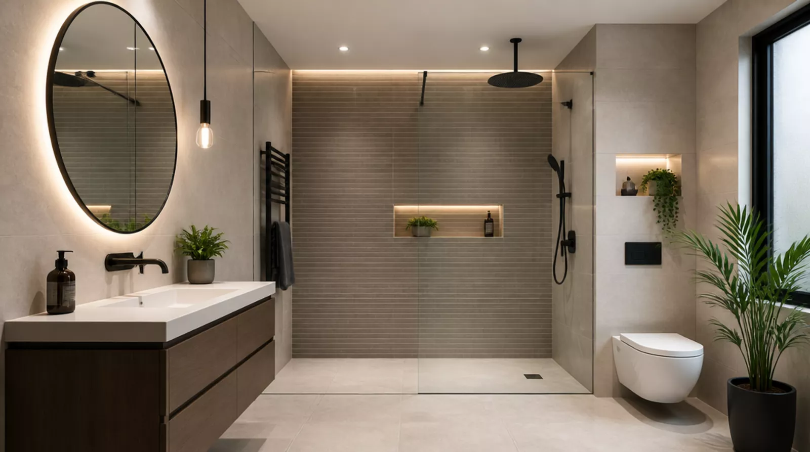 Completed bathroom installation with modern fixtures and tiling