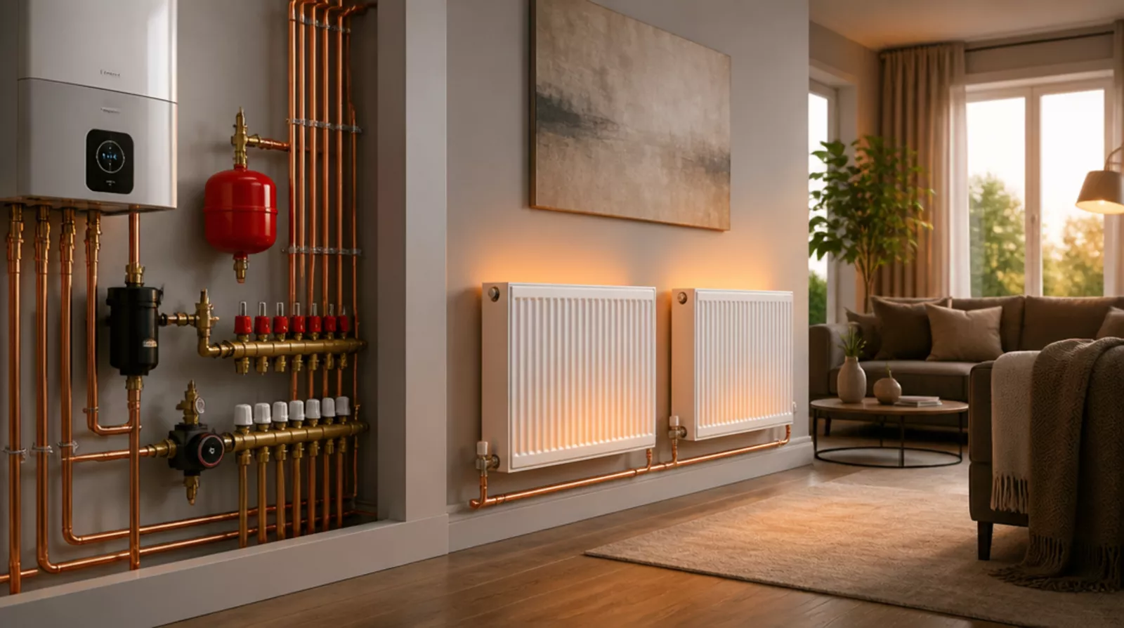 Central heating system after power flushing, showing clean pipes and efficient operation