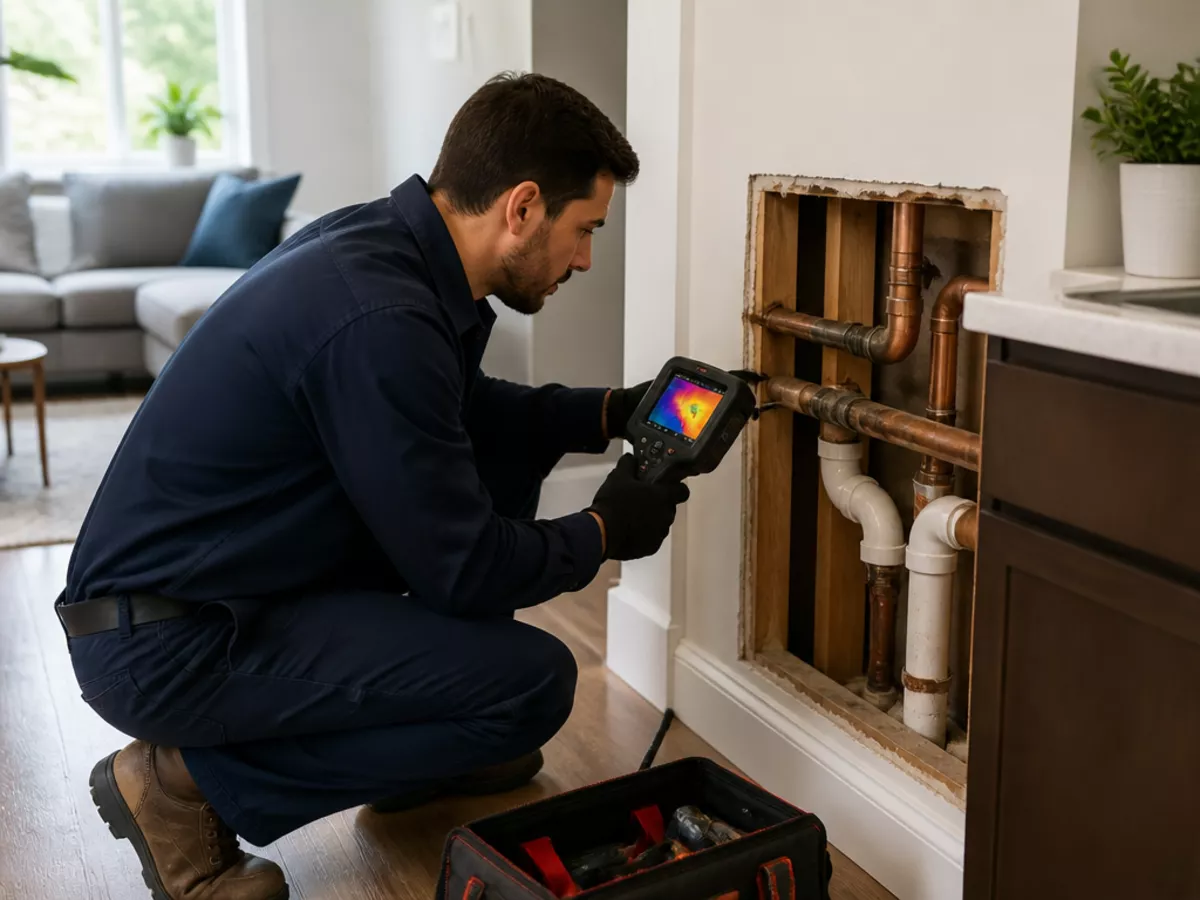 A PFA Plumbing engineer diagnosing a hidden plumbing issue in a home