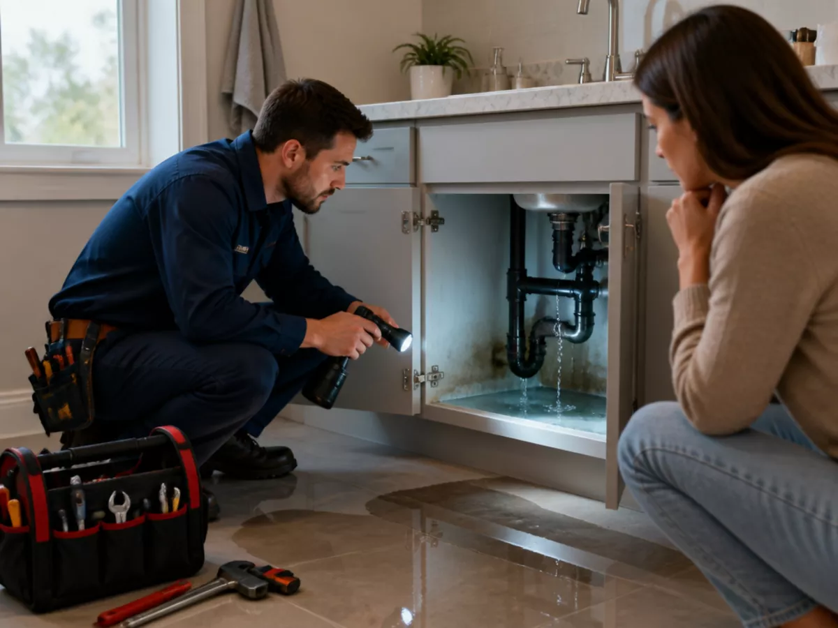 Professional plumber calmly assessing an emergency plumbing situation