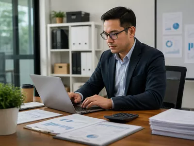 Accountant working on a laptop with financial documents