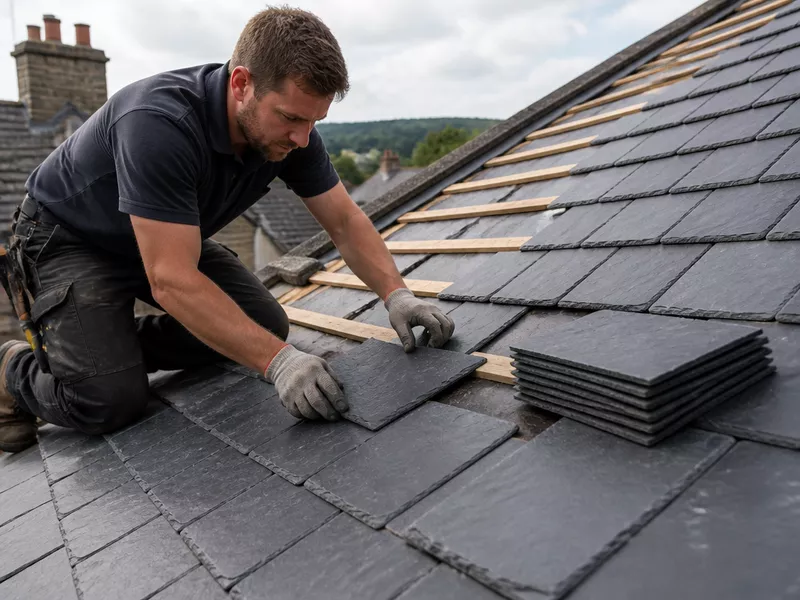 North East Roofing installing new roof tiles on a pitched roof