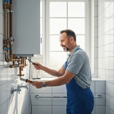 Plumber checking boiler system