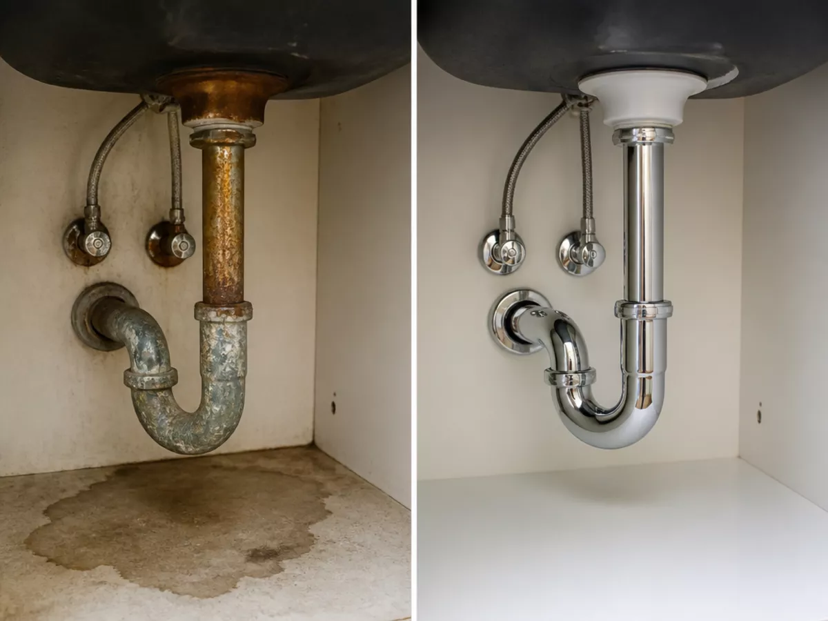 Detailed shot of a newly installed, leak-free pipe connection with clean, polished surfaces