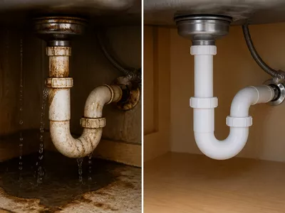 Before and after of a plumbing repair