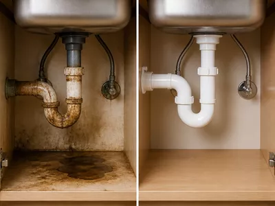 Before and after view of a plumbing repair