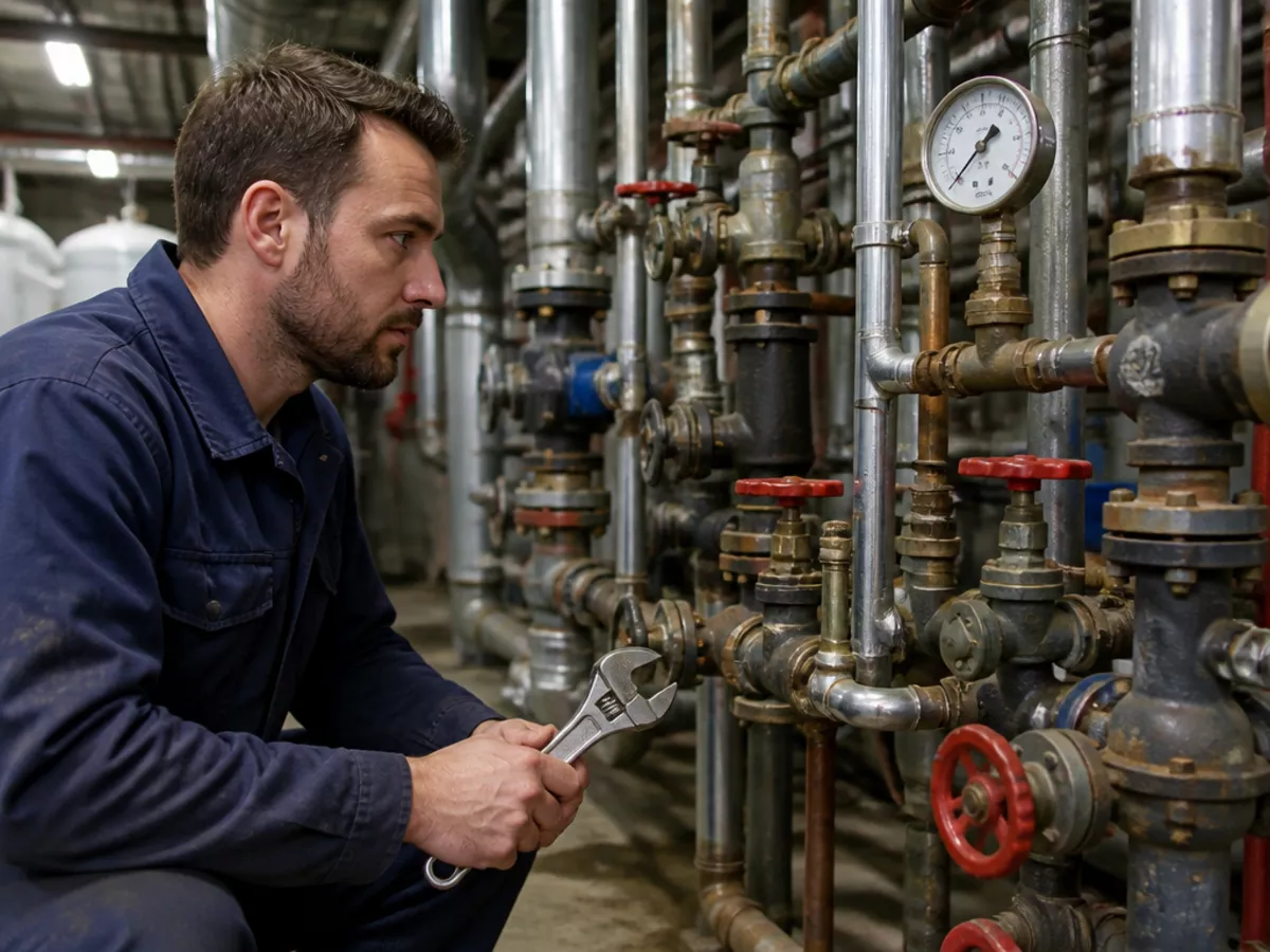A plumber inspecting industrial pipes in a commercial building