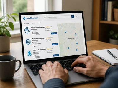 Detailed view of a plumbing directory search interface on a desktop computer, showing various plumbing service listings with contact information and service types.