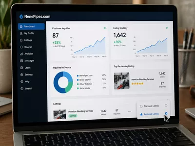 An online dashboard showing analytics and increased customer inquiries for a plumbing business, displayed on a laptop screen.