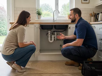 Homeowner meeting with a plumber at their home, having found them through NenePipes.com